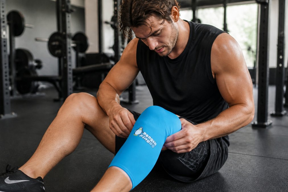 Athlete in athletic gear applying a cold compression therapy sleeve to their knee immediately after intense training session, with gym equipment visible in the background and focused concentration on their face