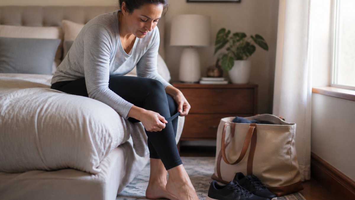 A woman in her thirties sitting on the edge of a bed in a softly lit bedroom after a long workday, rolling compression leggings up over one calf, work shoes and a tote bag on the floor beside her