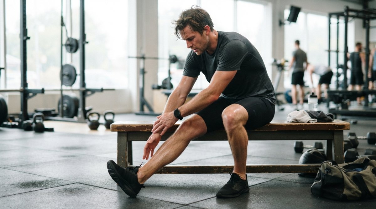 Athlete wearing compression shorts during post-workout recovery, sitting on a bench stretching after training in a modern gym setting with natural lighting