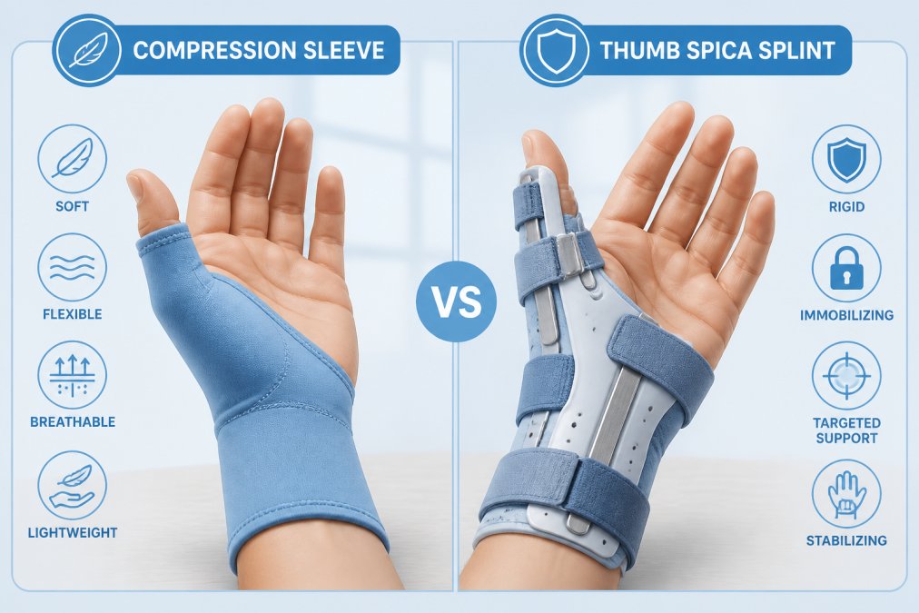 Close-up of two adult hands side by side on a neutral surface, one wearing a soft neoprene compression sleeve over the thumb and wrist, the other wearing a rigid thumb spica splint with visible metal stays along the thumb, showing the clear structural contrast between the two devices under soft natural window light