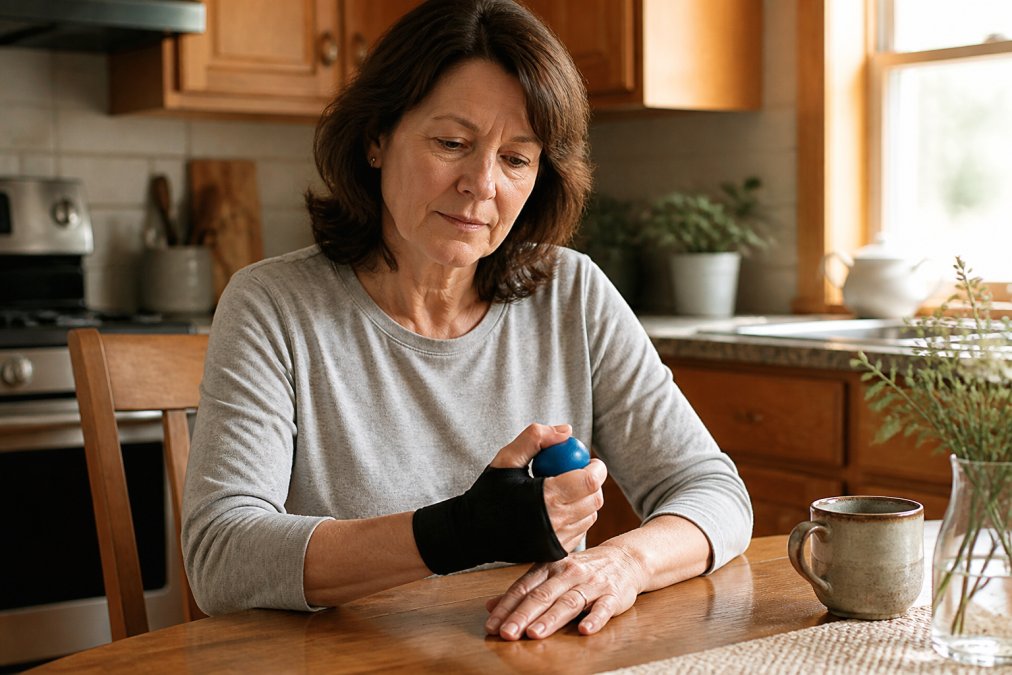 A woman in her mid-50s sitting at a wooden kitchen table wearing a thumb compression sleeve, gently squeezing a small soft foam ball in a pinch-grip exercise, looking focused and calm, warm morning light coming through a nearby window