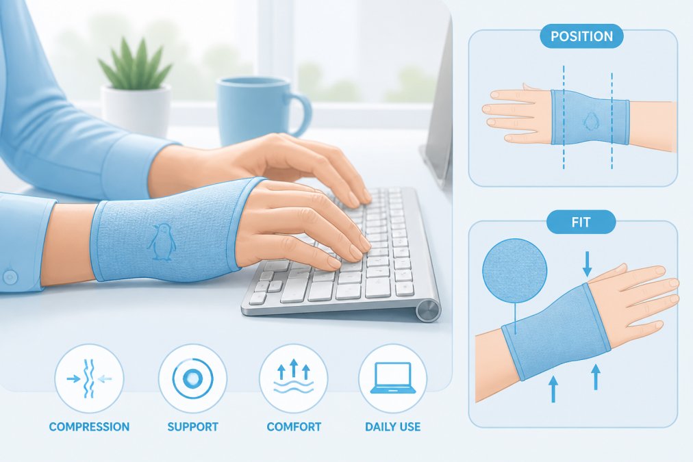 Close-up of hands typing at a keyboard with a compression sleeve worn on the wrist, showing proper positioning and fit during office work with natural window lighting