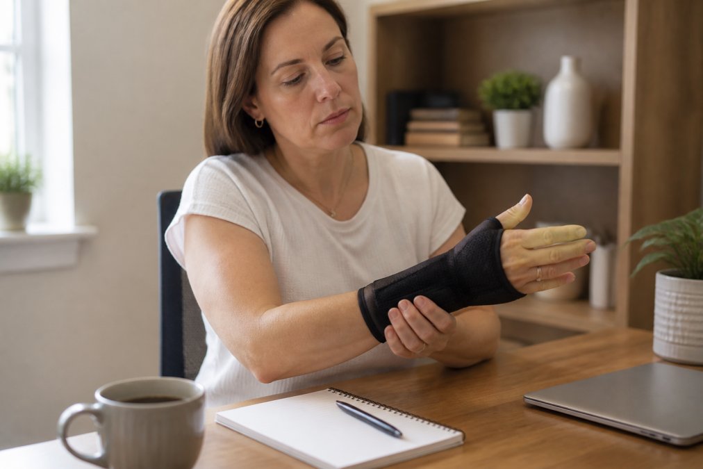 Person adjusting a compression sleeve on their wrist while seated at a desk, demonstrating proper fit and comfort during daily work activities with soft office lighting