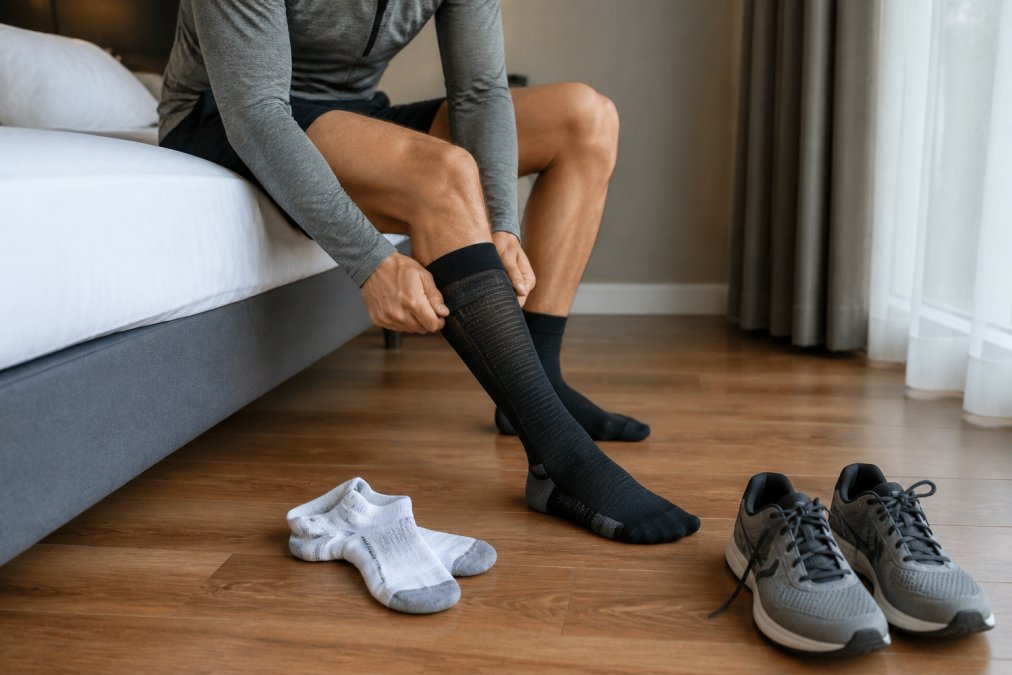 Runner sitting on a bed putting on a compression sock for running recovery with athletic socks and shoes nearby