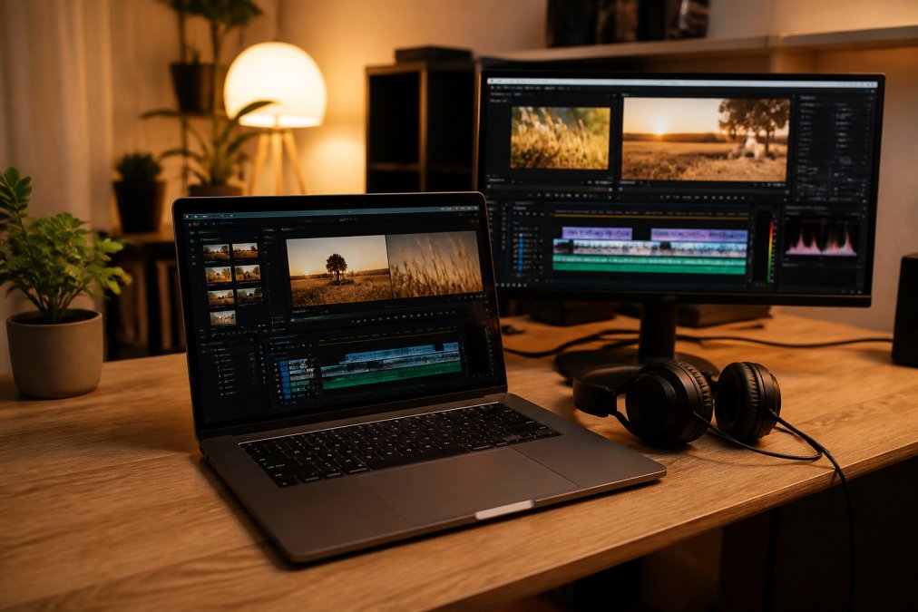 Secretária de editor com portátil a mostrar timeline de edição de vídeo, monitor externo ligado, auscultadores ao lado e iluminação interior quente