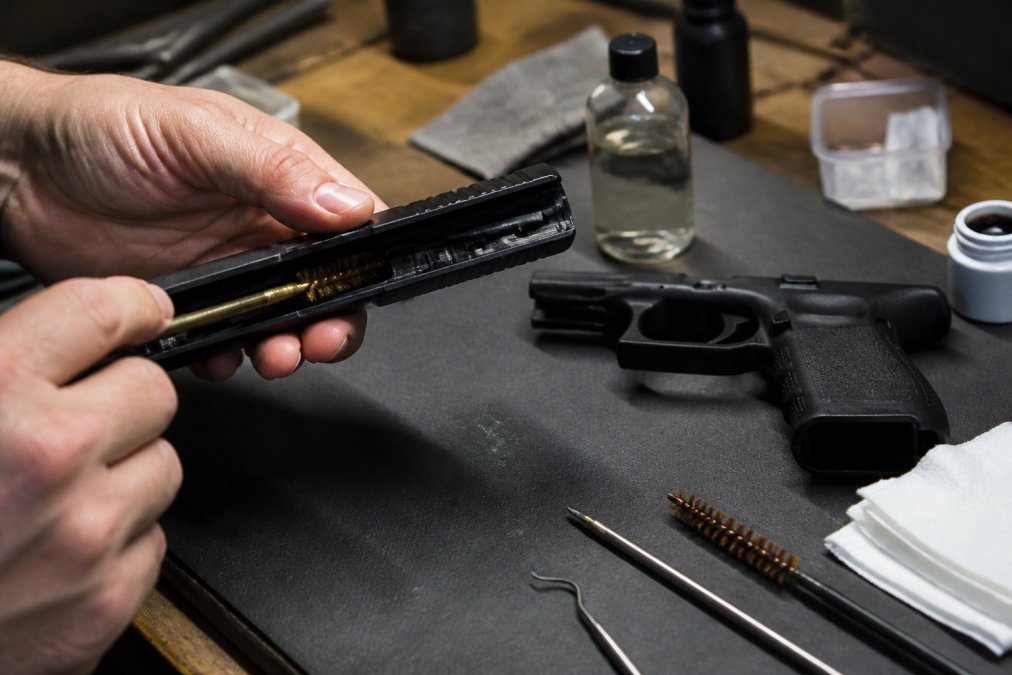 Close-up of a hand using a cleaning brush on the slide of a disassembled compact pistol on a workbench, with cleaning solvent, patches, and a cleaning rod visible nearby under warm workshop lighting