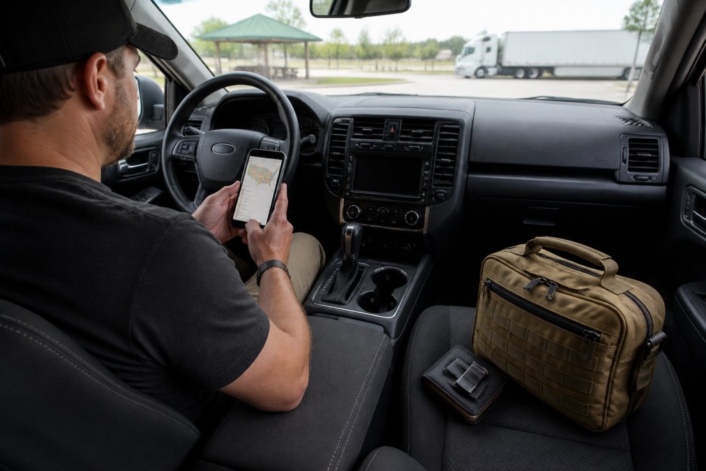 A concealed carry permit holder reviewing a state reciprocity map on a smartphone while sitting in a parked car at a rest stop, with a range bag and tactical wallet visible on the passenger seat
