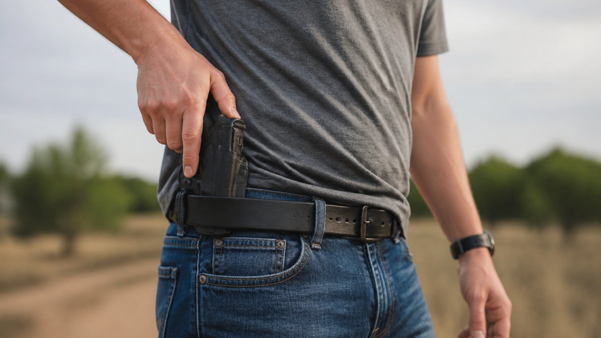 Left-handed shooter in casual clothing demonstrating strong-side carry position at 9 o'clock on waistband, showing proper holster placement and hand positioning for natural draw access