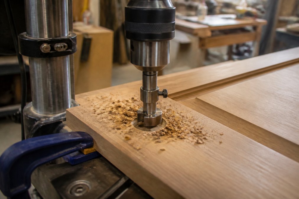 Close-up of a Forstner bit boring a 35mm cup hole into a wooden cabinet door clamped in a drill press, with wood shavings visible and a metal depth gauge set on the drill