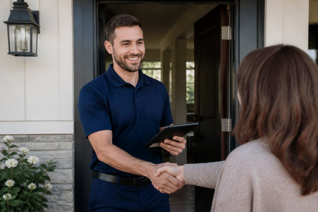 A uniformed technician in a branded polo shirt shaking hands with a homeowner at their front door, holding a tablet displaying a digital maintenance checklist, warm afternoon light
