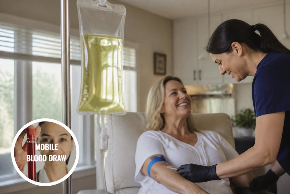 Close-up of a clear IV drip bag filled with a pale yellow vitamin solution hanging from a medical stand, with soft natural light coming through a window in the background