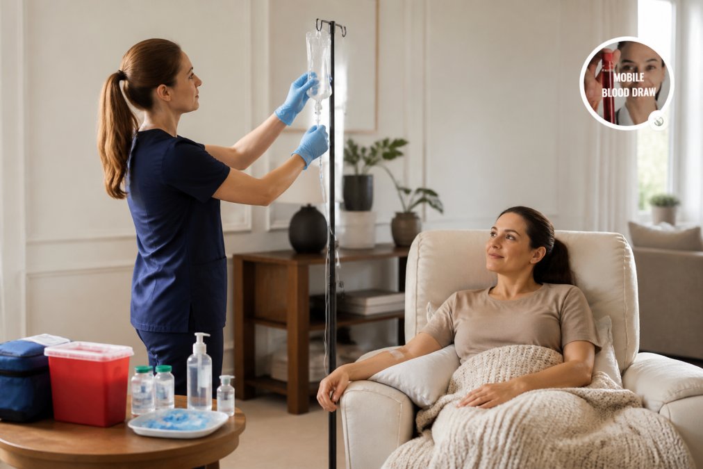 A licensed nurse in scrubs setting up an IV drip bag beside a relaxed patient sitting in a comfortable armchair at home, with medical supplies neatly arranged on a small table nearby, warm indoor lighting