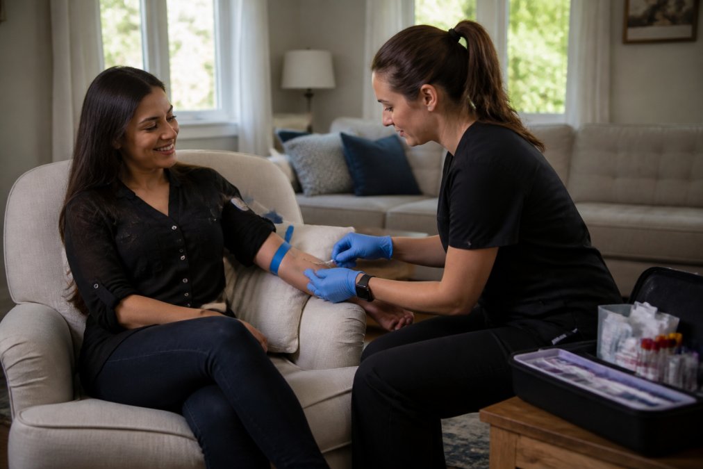 A licensed phlebotomist in professional attire performing a gentle blood draw on a relaxed patient seated in a comfortable living room armchair, with a medical kit open on a side table and soft natural light coming through a window
