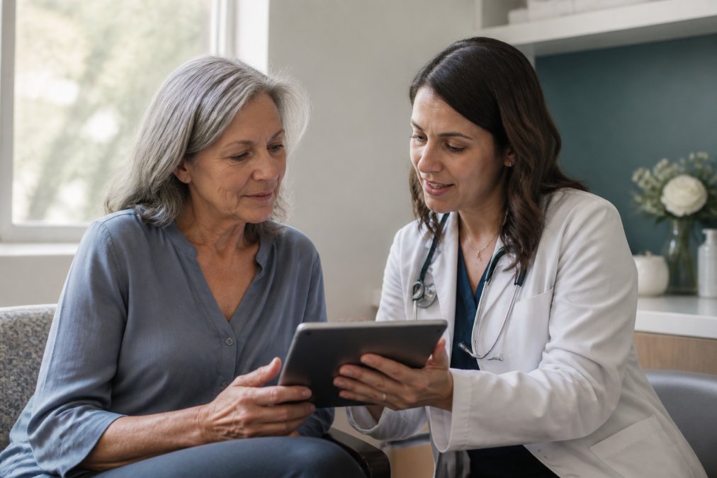 A woman in her fifties sitting comfortably in a bright medical office, reviewing a personalized wellness plan on a tablet with her doctor