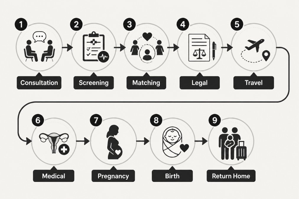 Professional illustration showing Flowchart, Initial, Medical, Surrogate for concierge services for international surrogacy