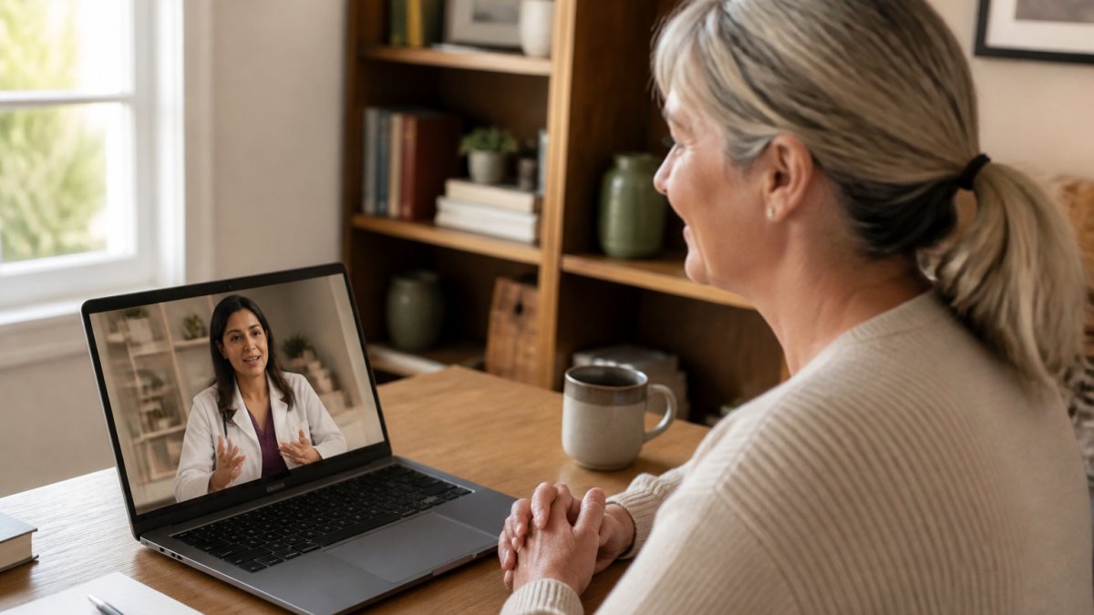 Professional woman in her 50s having a video consultation with a healthcare provider on her laptop, sitting in a comfortable home office with warm natural lighting from a nearby window