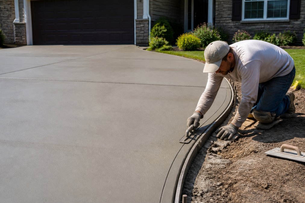 Professional contractor finishing edges of newly installed concrete driveway alongside residential home with quality craftsmanship visible