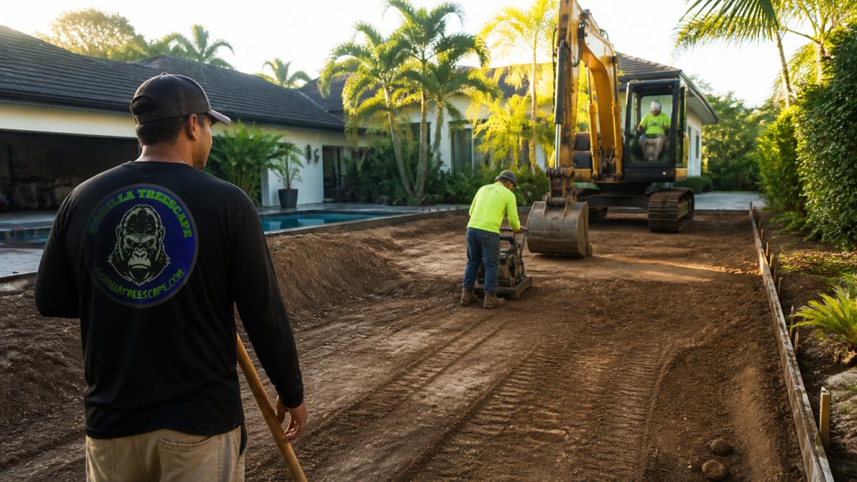 Construction crew preparing driveway site with excavation equipment, showing sub-base grading and soil compaction work in progress, morning sunlight across the work area