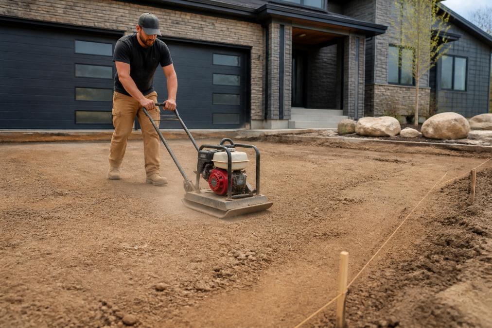 Professional demonstrating concrete driveway base preparation guide with vibratory plate compactor working on prepared subgrade soil, showing proper compaction technique with dust rising