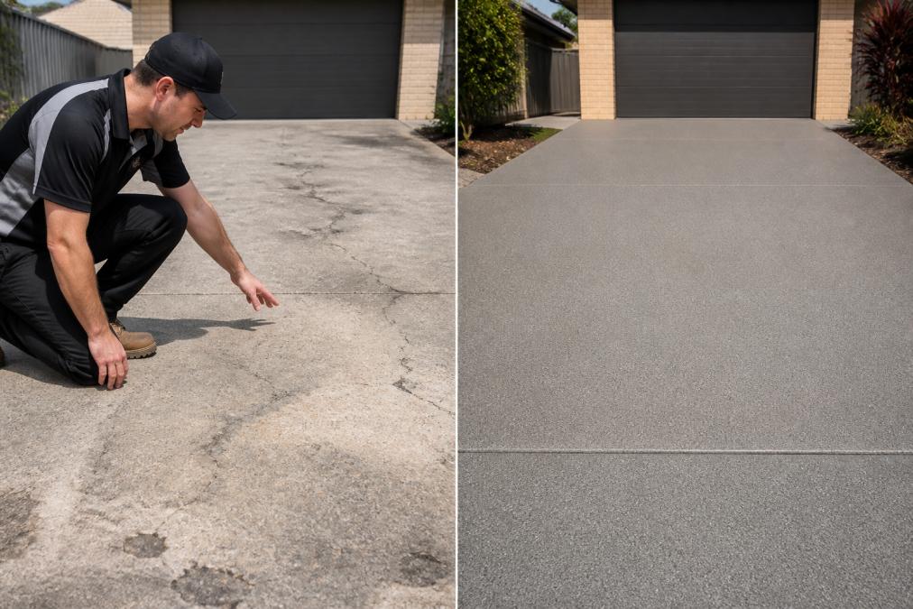 Professional contractor inspecting a deteriorated concrete driveway with visible cracks and surface damage, then showing the same driveway after professional resurfacing with smooth, restored surface and improved appearance