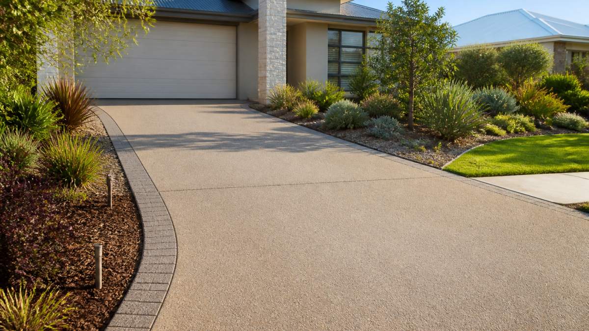 A freshly spray-on concrete driveway in a warm neutral tone with a decorative border, leading to a modern Australian home with native garden beds, photographed in soft afternoon light