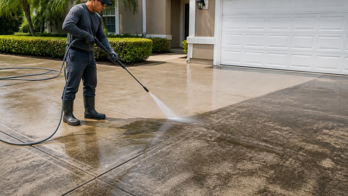 Professional pressure washing crew cleaning a heavily stained concrete driveway with commercial equipment, showing the contrast between cleaned and uncleaned sections under bright daylight