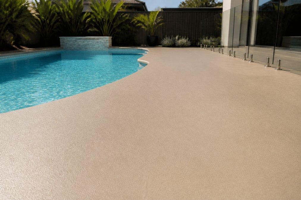 A residential backyard pool in Perth with a freshly applied spray-on concrete overlay surround in a warm neutral tone, showing the seamless finish and subtle texture up close under bright afternoon sunlight
