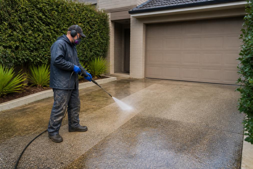 Technician using a high-pressure washer to clean a driveway before a concrete painter begins the coating process.