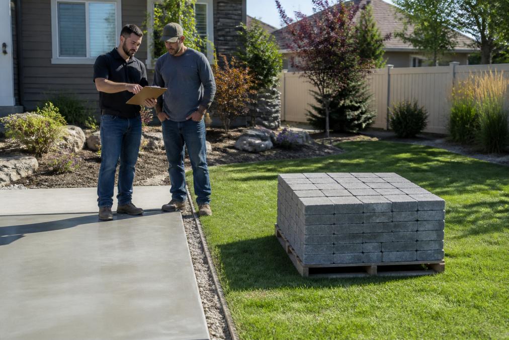Homeowner and landscaper reviewing patio plans on a clipboard beside a freshly poured concrete slab and a pallet of pavers on a suburban backyard lawn