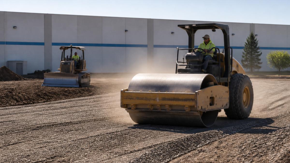 Professional concrete crew operating heavy grading equipment on a cleared commercial lot, compacting subgrade materials with roller compactor, dust visible in afternoon sunlight