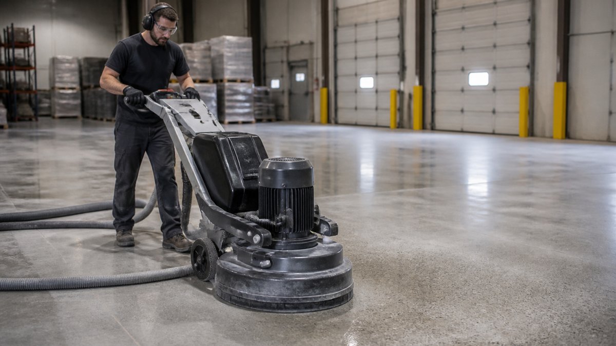 A worker operating a large walk-behind floor grinding machine on a concrete floor inside a commercial warehouse, with visible diamond tooling and a dust shroud attached, wearing safety glasses and ear protection