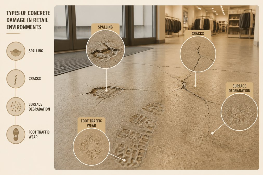 Close-up of retail floor showing visible spalling, cracks, and surface degradation on concrete near store entrance with foot traffic wear patterns visible under bright store lighting