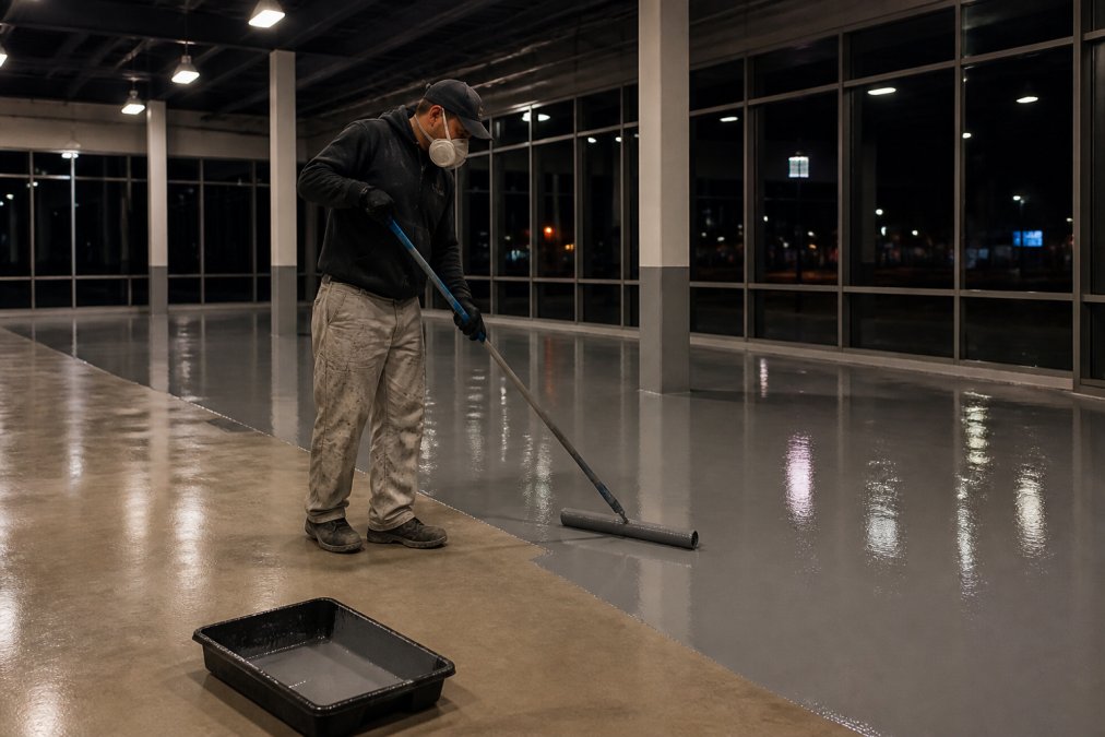 Professional concrete contractor applying epoxy coating to retail floor during evening hours with protective equipment, application tools, and wet coating visible under task lighting