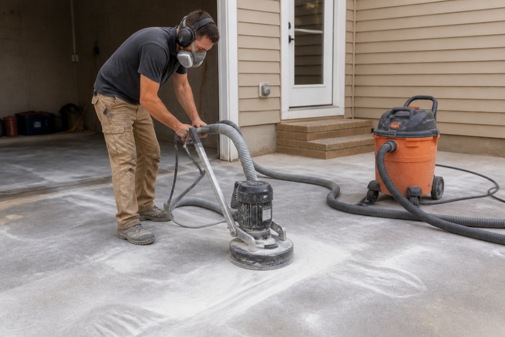 Professional demonstrating resurfacing concrete before epoxy application technique with diamond grinding machine on residential concrete surface, dust collection system attached, worker wearing safety equipment and respirator