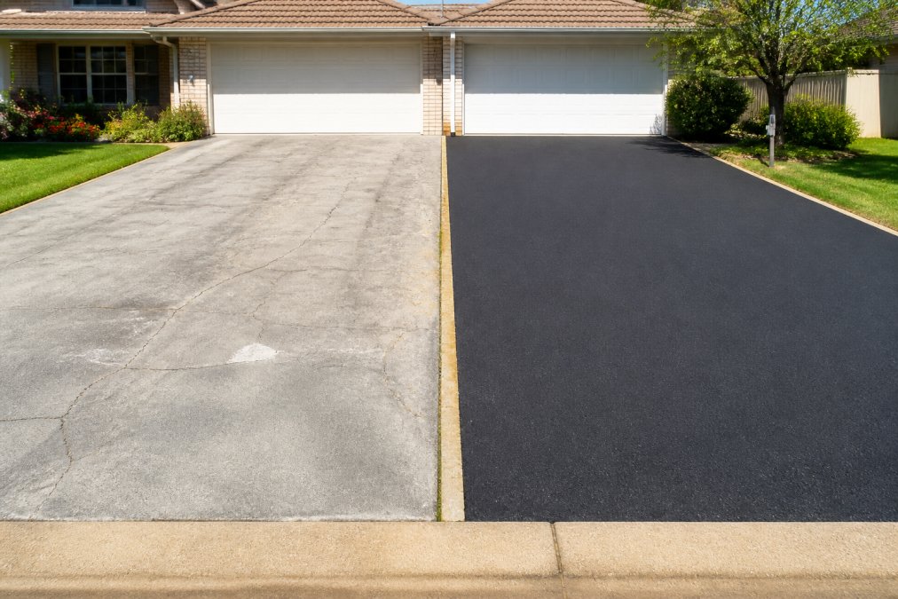 A weathered, cracked concrete driveway beside a neatly paved driveway of the same size, photographed side by side under bright daylight, with a suburban home and garden in the background