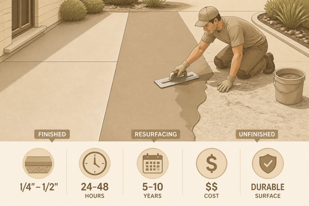 Contractor using trowel to apply concrete resurfacing material to patio surface, showing the transition between finished smooth sections and unfinished areas in natural daylight
