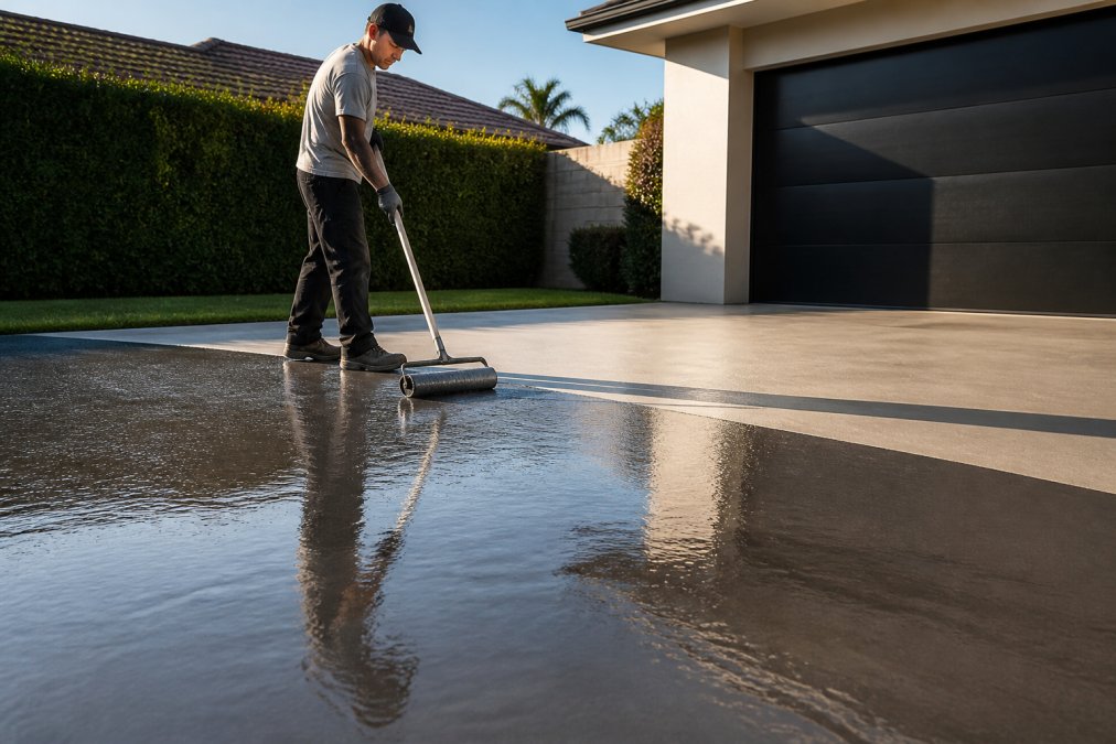 A contractor in work gear rolling clear sealer onto a concrete driveway, with a glossy coated section visible in the foreground and bare concrete behind, afternoon sunlight
