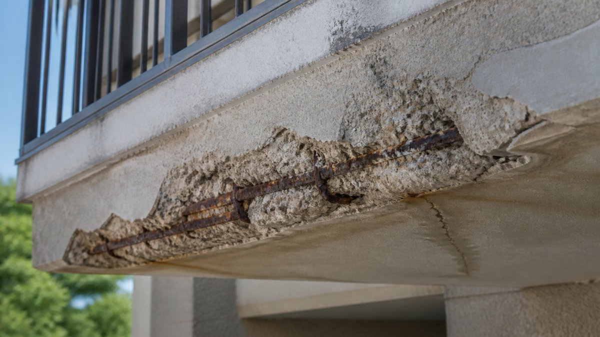 Close-up of concrete balcony surface showing visible spalling with chunks of concrete flaking away, exposing aggregate and rust-stained reinforcement steel, natural outdoor lighting