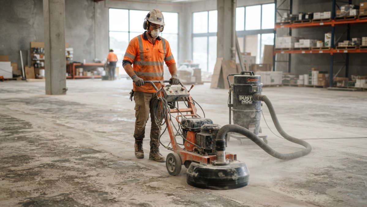 A contractor in safety gear operating a walk-behind concrete grinder on a warehouse floor, with dust shroud attached and vacuum hose visible