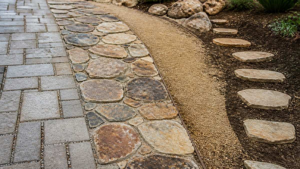 Close-up of various walkway materials arranged on sloped ground showing different textures and drainage patterns: permeable pavers with visible joints, natural flagstone with weathered surface, decomposed granite with compacted base, and stepping stones partially embedded in soil