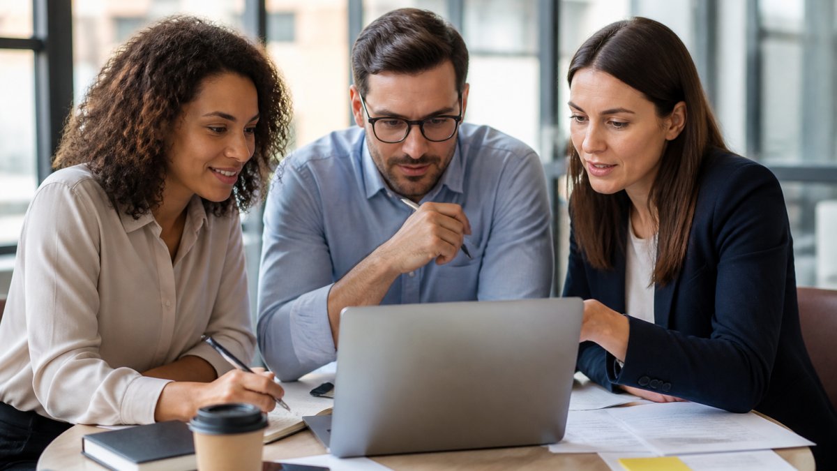A finance team of three people gathered around a laptop in a bright modern office, reviewing expense reports on screen with a notebook and coffee on the desk