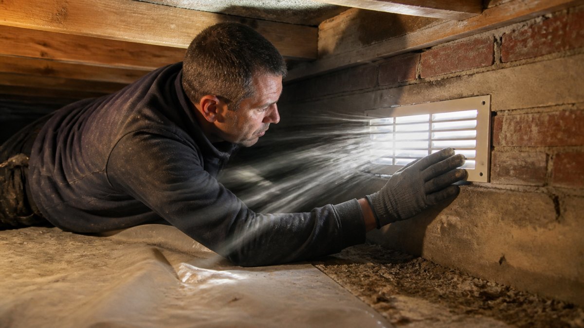 Professional worker installing ventilation grille in crawlspace with visible air flow, bright work light illuminating the ventilation opening and wooden floor joists