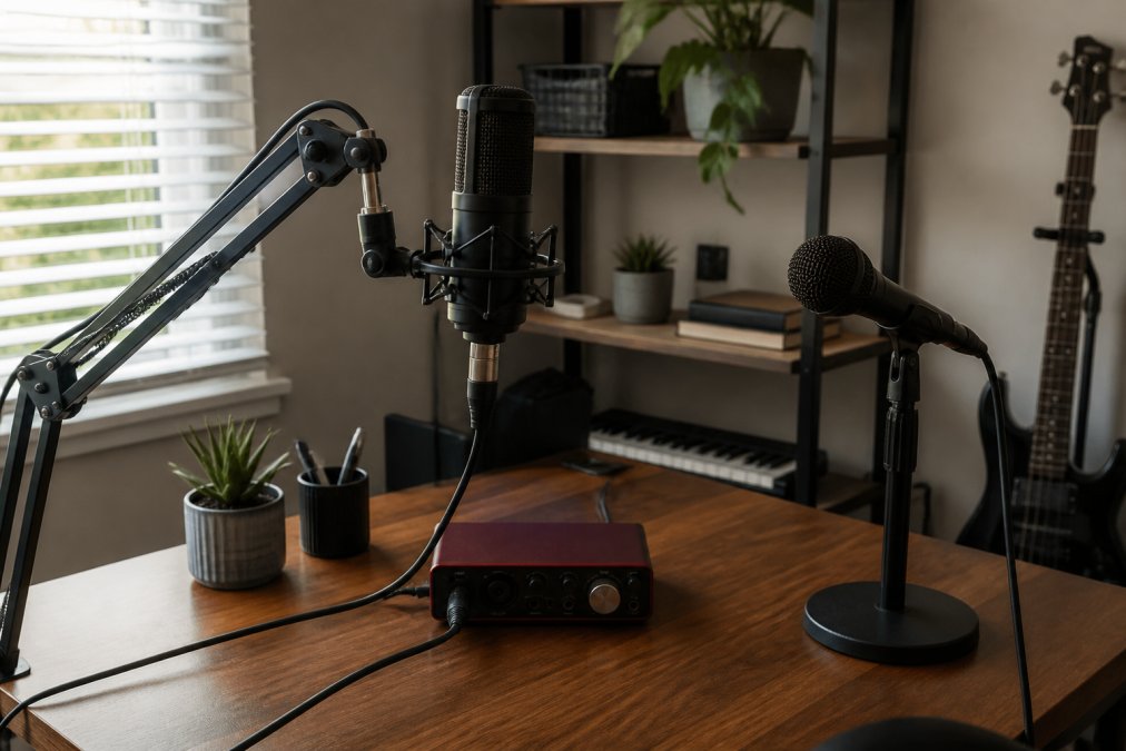 A home studio desk in a spare bedroom with a condenser microphone on a boom arm and a dynamic microphone side by side, laptop and audio interface visible, soft window light