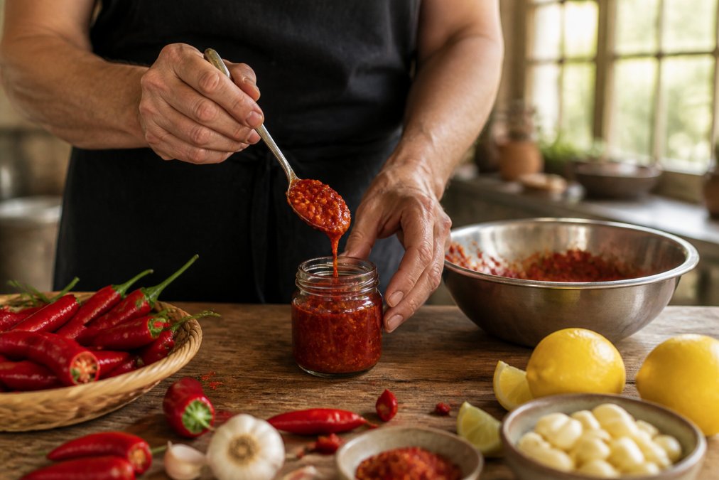 Main artisanale versant une cuillère de pâte de piment rouge artisanal dans un petit pot en verre, atelier lumineux, ingrédients frais piments, ail, citrons disposés autour sur une table en bois