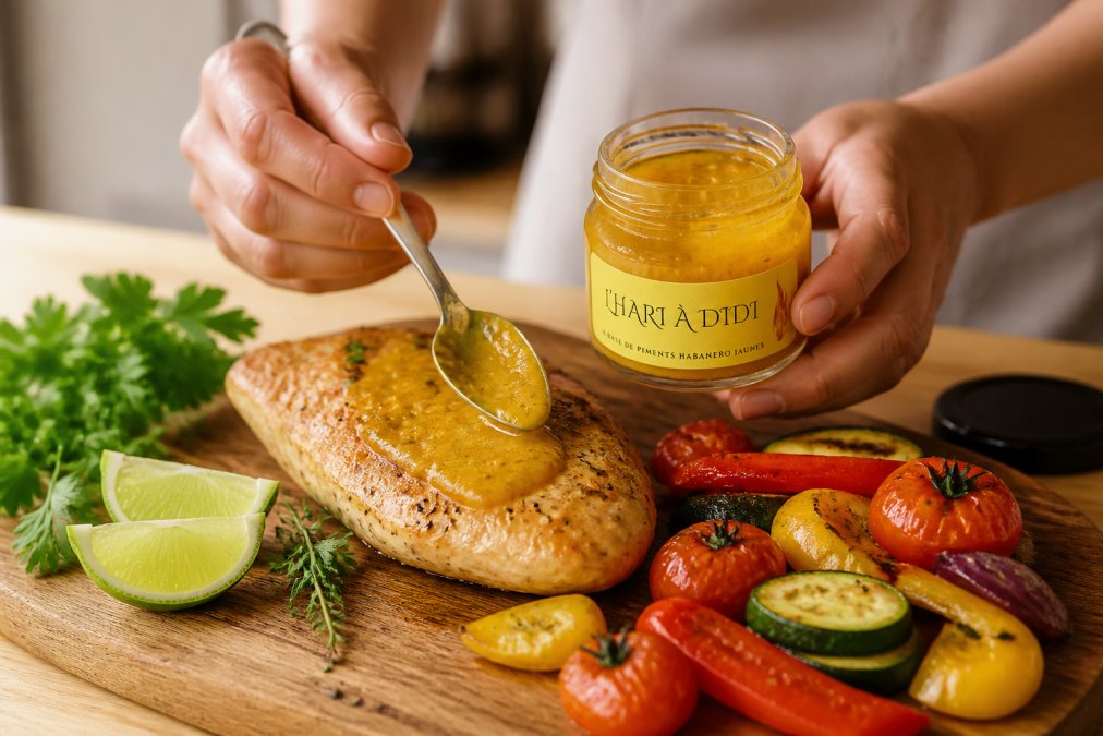 Hands spreading artisanal chili paste on grilled chicken breast and fresh roasted vegetables on a wooden cutting board, with fresh herbs and lime wedges nearby, warm kitchen lighting