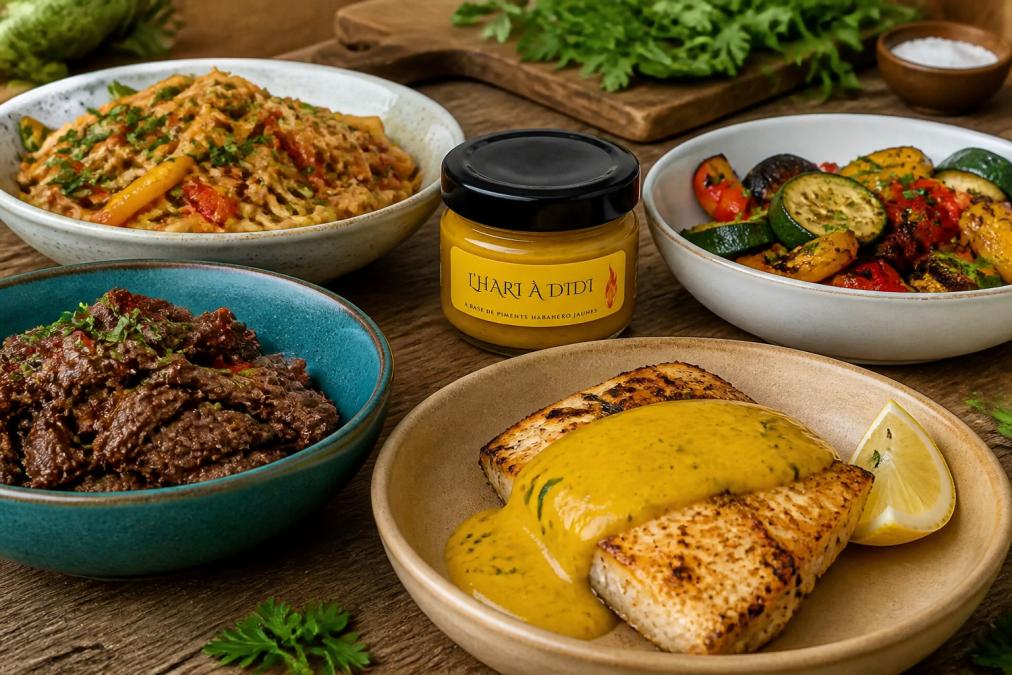 Colorful bowls of prepared meals featuring spicy condiments, grilled fish fillet topped with yellow sauce, marinated beef strips, and fresh roasted vegetables arranged on a rustic wooden table with fresh herbs