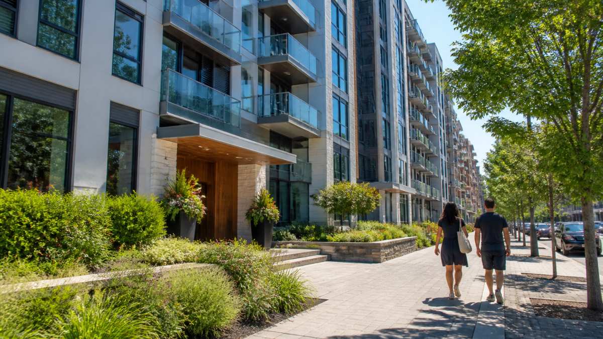 Modern Ottawa building exterior featuring glass balconies and landscaped entrances for condominiums for sale.