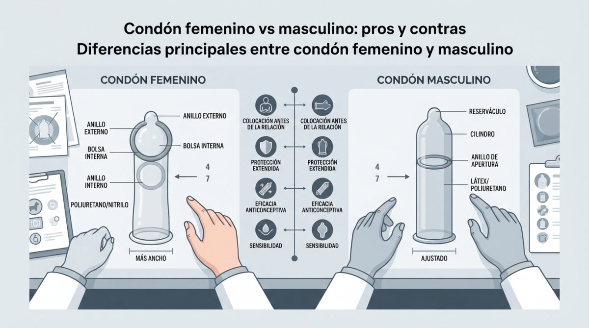 Professional healthcare setting showing female and male condoms displayed side by side on clinical desk with informational materials and medical professional's hand indicating design differences