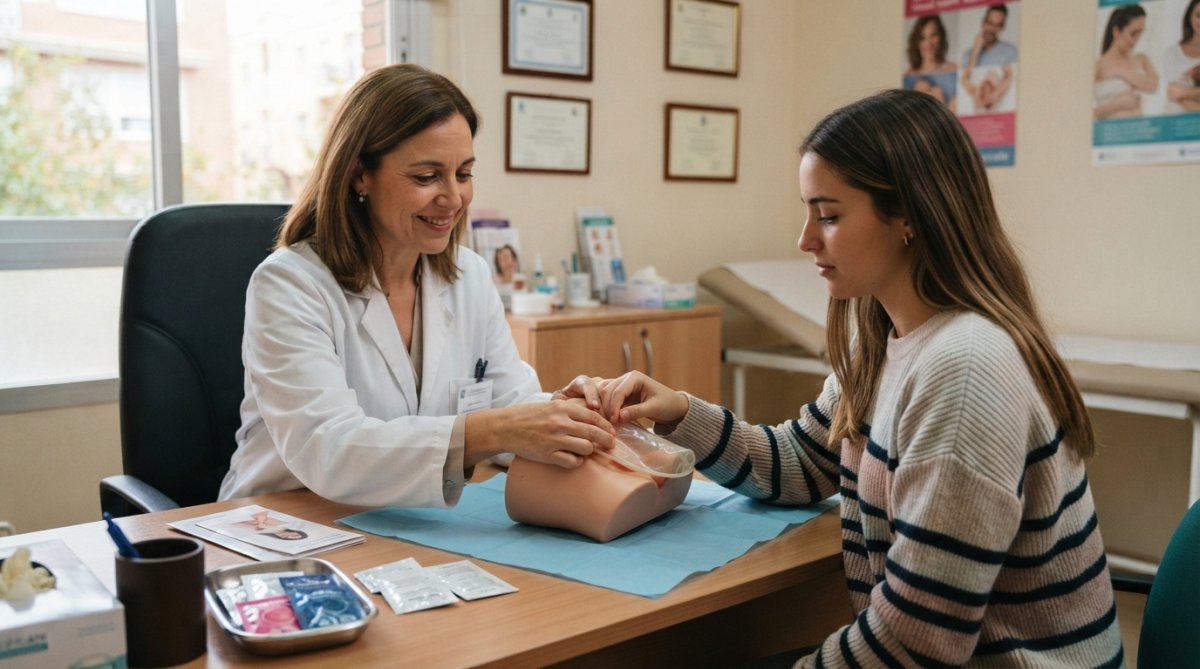 Healthcare professional demonstrating female condom placement technique on educational model in clinical consultation with clear lighting and professional medical environment