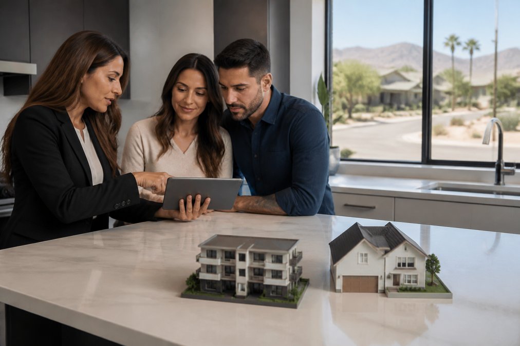 Real estate agent helping a couple decide between condos vs single family homes in an East Valley kitchen